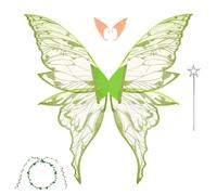 Fairy Wings for Adults Women Children Girls 4Pcs Butterfly Wings Fairy Costume Set with Wands, Headband & Elf Ears Adjustable Strap Halloween Costume Sparkle Angel Wing Dress Up Party Favor(Green)