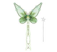 Fairy Wings for Adults Women Elf Wings with Fairy Sticks, Green Fairy with Artificial Flowers Vines Sparkling Butterfly Wings Halloween Fancy Dress Up for Women (Green, 2Pcs)