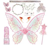 Fairy Wings for Adults Women Floral Garland Star Wands Hair Tinsel Elf Ears Fairy Costume Halloween Cosplay 13PCS Pink