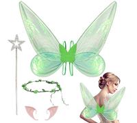 Fairy Wings for Girls & Women - Angle Wings Butterfly Costumes for Halloween Cosplay,Dress Up Party with Elf Ears Headband Magic Wand (Green)