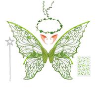 Fairy Wings, Halloween Costume, 5 Pcs Strapless Fairy Wings for Halloween Costume Parties and Fantasy Photo Shoots, Complete Set with Flower Headband, Elf Ears and Magic Wand (Green)