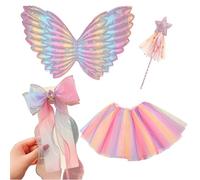 Fairy Wings Set for Girls, 4Pcs Butterfly Wings Costume with Tutu Skirt Magic Wand and Hair Bow, Fairy Costume for Girls 3-8 Years, Perfect for Birthday Party Halloween Dress Up Play