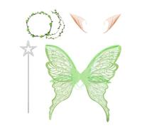 Fairy Wings Set for Women, 4Pcs Butterfly Angel Wings with Ears Wand | 4-piece fairy wings set includes butterfly wings, ears, floral headband, and star wand, lightweight organza material