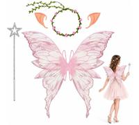 Fairy Wings Set,Sparkling Angel Costume Halloween,Butterfly Angel Wing | Wands Crown Ears Fairies Flower Headband Diamond Sticker for Adult Halloween Birthday Chrismas Part Costume Accessories