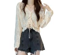 Fairycore Cottagecore Clothing Y2K Aesthetic Crochet Pullover Grunge Cyber Blouse Long Sleeves Trendy Streewear Tops, Beige, One Size