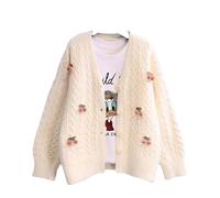 Fairycore Sweater Y2K Women Long Sleeve Knitted Cherry Decor Cardigan Kawaii Indie Jacket Aesthetic Cottagecore Clothes, White, One size