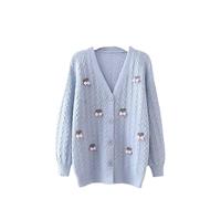 Fairycore Sweater Y2K Women Long Sleeve Knitted Cherry Decor Cardigan Kawaii Indie Jacket Aesthetic Cottagecore Clothes, Blue, One size