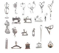 FAIRYGATE Bag Charm 20pcs Sewing Knitting Themed Tibetan Style Alloy Pendants Scissor Pipe Safety Pin Yarn Clew Button Sewing Machine Charms Antique Silver A7016