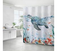 FAIRYGATE Bathroom Curtains Sea Turtle Shower Curtain Teal Blue Ocean Beach Coastal 180 x 180 cm Waterproof Mildew & Mould Resistant Polyester Fabric Bath Curtain with 12 Hooks B9313