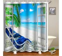 FAIRYGATE Beach Shower Curtain Palm Tree Decor Ocean Beach Seascape Through White Wooden Windows Summer Scene Tropical Island Blue Green Waterproof Bathroom Decor Set with Hooks B8816