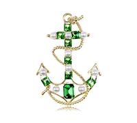 FAIRYGATE Brooches Baroque Anchor Brooch Pin Pearl Green Rhinestone Fashion Nautical Cross Anchor Corsage Decoration Lapel Pins Elegant Personality Clothing Jewelry Alloy B2329