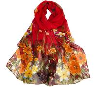 FAIRYGATE Chiffon Scarf for Women UK Lightweight Ladies Neck Scarfs Summer Wrap Red Orange Elegant Bold Flower Garden Print Silk Scarves C3716