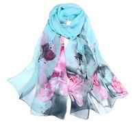 FAIRYGATE Ladies Scarf Elegant Floral Print Wrap for Women Rose Printing Soft Long Chiffon Lightweight Silk Shawl Scarves Suit for All Season Lady Outfit Blue 50023
