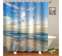 FAIRYGATE Shower Curtain Blue Ocean Beach Shower Curtains Sea Waves Waterproof Mould Proof Fabric Bathroom Curtains 180 x 180 cm Blue White Brown B8809