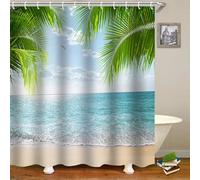 FAIRYGATE Wet Room Shower Curtain Ocean Beach Shower Curtains Tropical Teal Sea Scenery Bathroom Blue Outdoor Palm Leaves Bath Curtain Mould Proof Resistant Washable Waterproof B8817