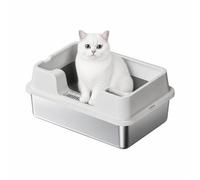 FairyLee Stainless Steel Large Cat Litter Tray with High Sides | Low Entry Spacious 60 x 40 x 27 cm Open Design Non-Stick Cat Litter Box for Kittens/Medium/Large Cats(White)
