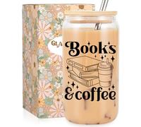 Fairy's Gift Books & Coffee Glass Cup with Lid Straw, 16 oz Reading Iced Coffee Tumbler Cup, Book Lovers Club Bookish Gifts for Women Men, Mothers, Birthday Reading Bookworm Gifts for Reader