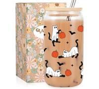 Fairy's Gift Halloween Ghost Cat Iced Coffee Cup, Halloween Cat Pumpkin Glass Tumbler, 16 oz Spooky Coffee Glass Cup with Lid Straw, Boo Basket Stuffers, Spooky Gifts for Feline Lover, Women, Teen