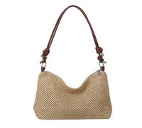 FAIRYSAN Mesh Woven Straw Shoulder Bag for Women, Casual Hobo Handbag with Brown Leather Strap, Daily Summer Tote