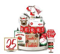 FairySandy 15 Pcs Christmas Tiered Tray Decor Christmas Elk Gnome Santa Wooden Signs Farmhouse Christmas Tier Tray Decorations Set Wooden Decor for Xmas Winter Party Kitchen Home