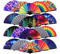 FairySandy 20 Pcs Rave Fans Bulk Large Folding Hand Fans with Plastic Ribs for Men Women, Chinese Japanese Rainbow Handheld with Fabric Case for Drag Queen Dance Club Music Festival Party(Novelty)