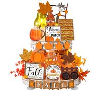 FairySandy 21 Pcs Thanksgiving Tiered Tray Decoration Set Fall Table Sign Pumpkins Farmhouse Decor Gnome Maple Leaves Centerpieces Harvest Wood Blocks Signs Fall Block Tabletop for Autumn(Gnome)