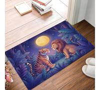Fairytale Atmosphere Door Mat 80 x 120 cm Entryway Rug | Machine Washable Non Slip Doormat Tiger Lion Palm Leaf Soft Low-Pile Thin Carpet for Living Room Bedroom Bathroom Dark Purple