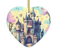 Fairytale Castle Ceramic Christmas Heart Pendant with Silk Thread, Christmas Tree Home Decoration