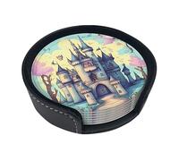 Fairytale Castle Creative Round Coaster (3.9 inches), PU Leather Coaster, Suitable for car, Kitchen, Restaurant, Office, etc.