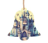 Fairytale Castle Wooden Tree Ornaments Bell Shape 4 PCS, Hanging Decorative Pendants, Vintage Design for Holiday