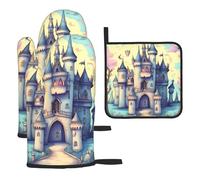 Fairytale Castleoven Glove And Pot Holder 3 Piece Set, &Heat Resistant And Insulated Kitchen Oven Gloves For Cooking.