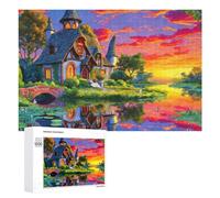 fairytale cottage jigsaw puzzle sunset lake reflection puzzles wooden jigsaws-1000 pcs,difficult hard jigsaw puzzles meditation hobby ideal for relaxation