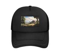 Fairytale Countryside Black Printed Adjustable Mesh Baseball Cap - Unisex, Outdoor Running and Fishing Sun Hat, Black, One Size