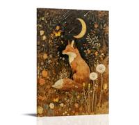 Fairytale Dreamy Fox Wall Art Vintage Moonlit Forest Floral Plant Night Canvas Poster Print Whimsical Nature Aesthetic Picture Decor for Nursery Living Room Bedroom Offi24x36inch(60x90cm)