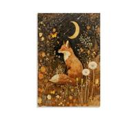 Fairytale Dreamy Fox Wall Art Vintage Moonlit Forest Floral Plant Night Canvas Poster Print Whimsical Nature Aesthetic Picture Decor for Nursery Living Room Bedroom Offi24x36inch(60x90cm)