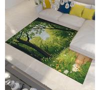 Fairytale Forest Green Carpet Fresh Plant Path Daisy Flower Area Rug Non-Slip Low Pile Large Rugs for Living Room Dining Office 140x200cm