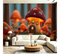 Fairytale Forest Printed 300 x 210 cm Photo Wallpaper Mural, Multicoloured Non-Woven Premium Wall Mural - Cute Magical Forest Plant Mushroom Wall Art for Home Reading Room Lounge Wall Covering