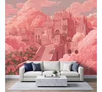 Fairytale Illustration Photo Wallpaper 3D Effect 400x280cm, Non-Woven Premium Art Print Mural Wallpaper, Pink Palace Rose Girl Fleece Wall Mural Decoration Poster Picture