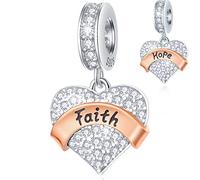 Faith and Hope Dangle Charms, Pave Heart Sparkle Clear CZ Love Pendant Bead in 925 Sterling Silver, fits Pandora Easter Day Bracelet, Gifts for Religious Believer/Christmas/Survivor