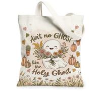 Faith-Based Ghost Autumn Quote Canvas Tote Bag 13x15 Inch | Faith-based Message, Fall Botanical Elements, Fanciful Illustration, Soft Linen-like Texture, Seasonal Home Aesthetic