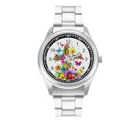 Faith-Cross Floral Butterflies Flowers Men's Casual Watch with Stainless Steel Strap Alloy Quartz Wrist Watches