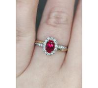 Faith Diamonds 9ct Yellow Gold 0.57ct Oval Ruby with 0.31ct D/E Colour Diamond Halo & Twist Diamond Shoulders LAB Grown Diamond Certified Ring