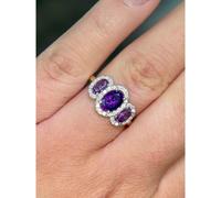Faith Diamonds 9ct Yellow Gold 3 Stone Oval Amethyst with Single Halo Diamond Ring
