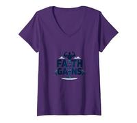 Faith Gains: Spiritual Strength for Christian Athletes V-Neck T-Shirt, Women, Purple, XL