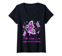 Faith Hope Love Butterfly Purple Crohn's & Colitis Awareness V-Neck T-Shirt