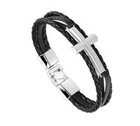 Faith Leather Bracelet for Men Leather Bracelet with Cross Layered Handmade Braided Cuff Bangle with Clasp Religious Wristbands Gift for Boys Him Jewelry Accessories Black/Silver Cross 21Cm