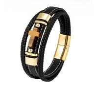 Faith Leather Bracelet for Men Tiger'S Eye Stone Cross Bracelet Women Gold Layered Handmade Braided Cuff Bangle Catholic Wristbands Jewelry Accessories Gold 23Cm