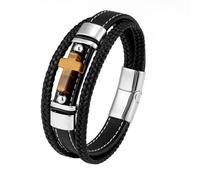 Faith Leather Bracelet for Men Tiger'S Eye Stone Cross Bracelet Women Gold Layered Handmade Braided Cuff Bangle Catholic Wristbands Jewelry Accessories Silver 21Cm