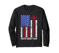 Faith Over Faer American Flag Cross Christian Patriotic Long Sleeve T-Shirt
