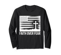 Faith Over Fear Grunge American Flag Cross Christian Long Sleeve T-Shirt